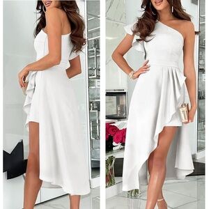 Womens One Shoulder Sleeveless Ruffle Empire Waist Asymmetrical High-Low Bodycon
